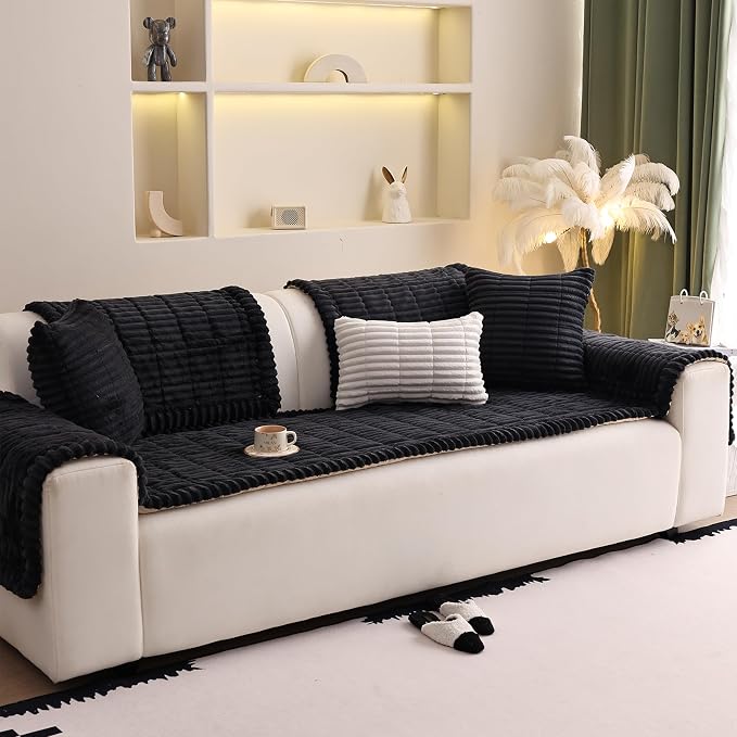 Couch Cover for Sofa, Sectional Couch Cover for Dogs, Sofa Cover Washable, Cushion Cover Blanket Pad Bed Mat for Pets, Fleece Furniture Protector, Black, 23.6x82.7in