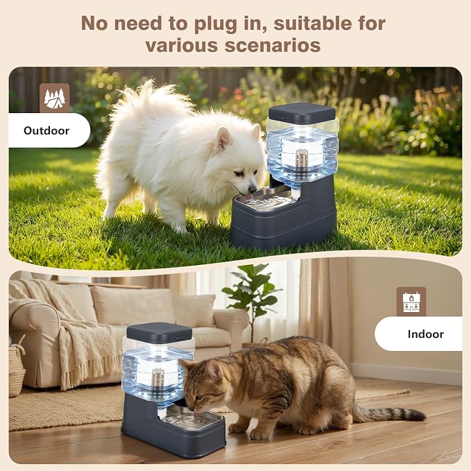 1.1 Gallon Pet Automatic Dog Water Dispenser Cat Gravity Waterer Feeder with Stainless Steel Bowl 8L Large Capacity Puppy Feeding Raised Bowls with Filter,Ice Pack (Charcoal Gray, 4L(1.1 Gallon))