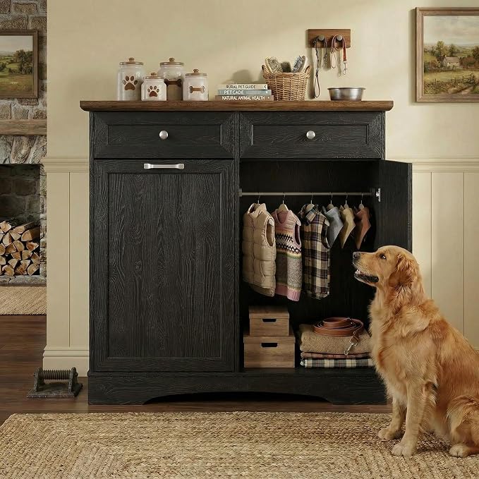 Furnaza Pet Feeding Station with 4 Bowls,Dual Doors Dog Cabinet Storage | Black 39.7"W Dual Doors Pet feeding station with storage for dogs and cats, Pet Food Storage for Kitchen, Living Room