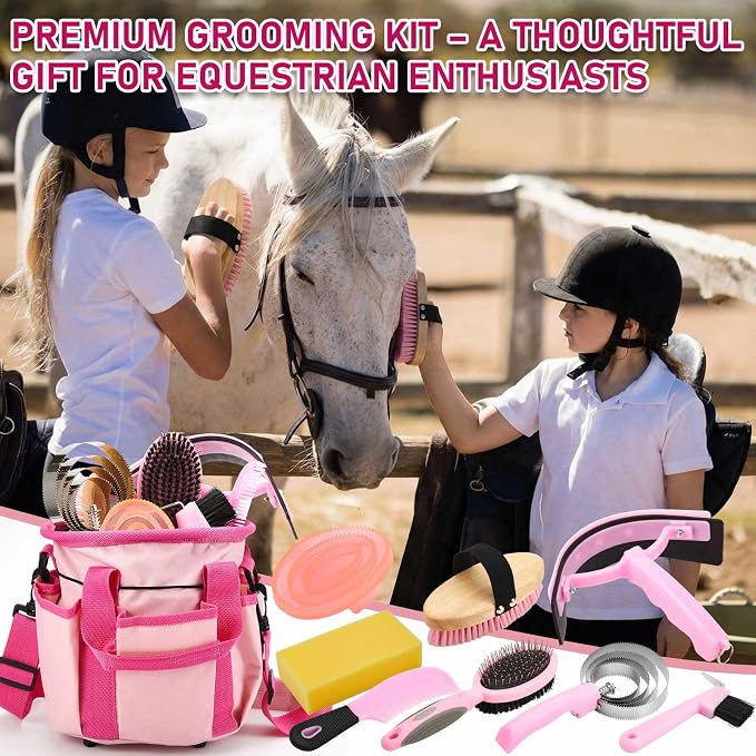 Cunhill 9 Pcs Horse Grooming Kit Tack Room Supplies Set with Tote Bag, Oval Massage Curry, Hard and Soft Brush, Hoof Pick, Sweat Scraper, Bathing Sponge, Comb for Horse Rider(Classic,Pink)