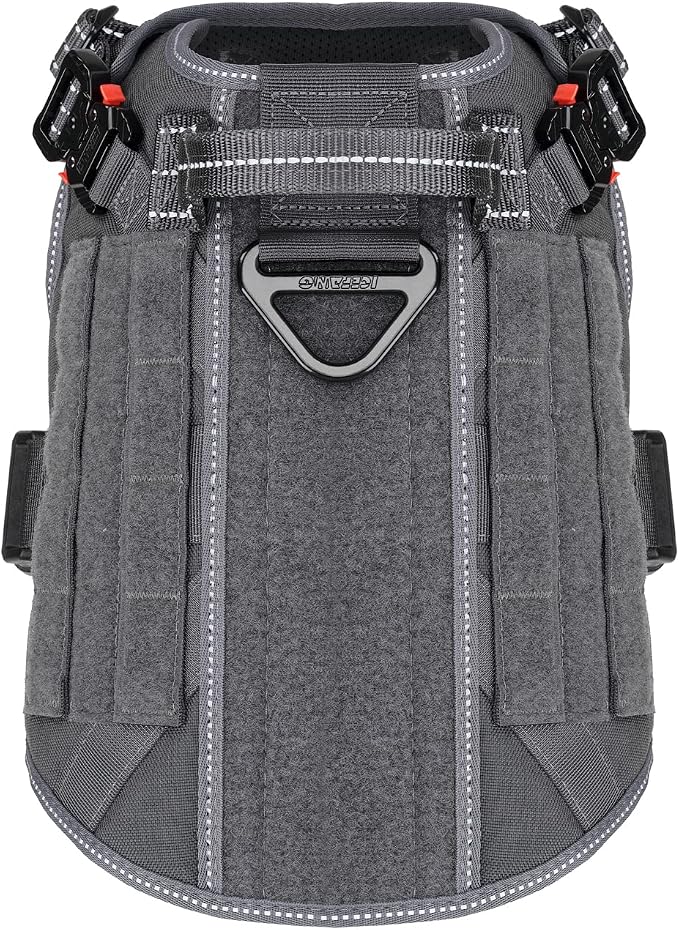 ICEFANG Tactical Dog Harness for Medium Dogs,Reflective No Pull Dog Vest | with Control Handle,Adjustable,Front Hook,2 Leash Clips,Soft Padded,MOLLE Panel,Grey,Medium