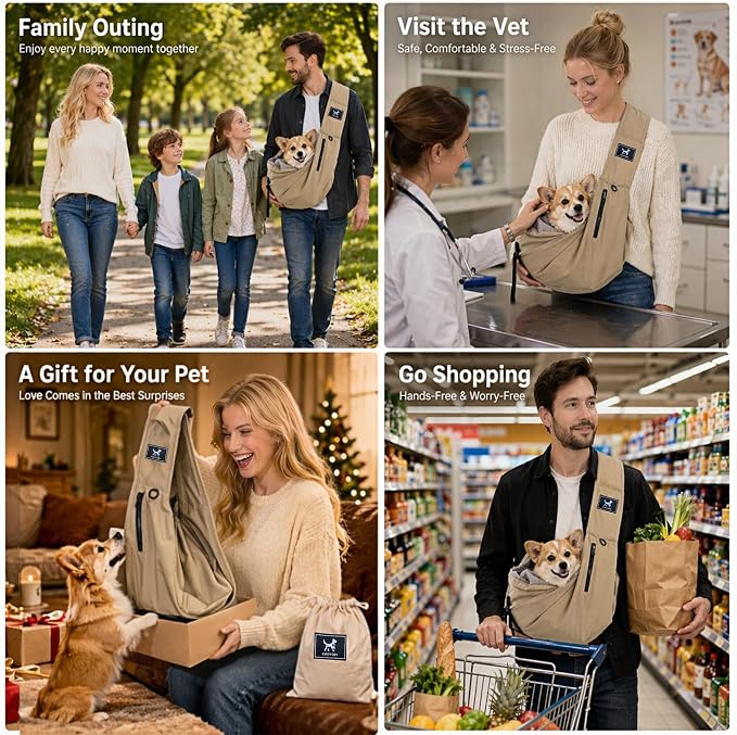 Dog Sling Carrier for Small Dogs & Cats 5-20 lbs, Adjustable Depth | Breathable Air Mesh Puppy Sling, Water-Resistant Travel Bag, Double Safety Leash, Machine Washable, Hands-Free Pouch, Caramel