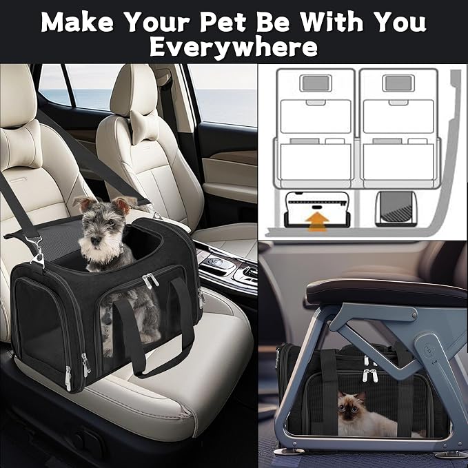 Soft-Sided Cat/Dog/Pet Carrier, Collapsible Pets Travel Carriers for Big Cats/Small Dogs with Shoulder Strap & Removable Mat, Mesh Puppy Carry Bag, Up to 25 Lbs(Black)