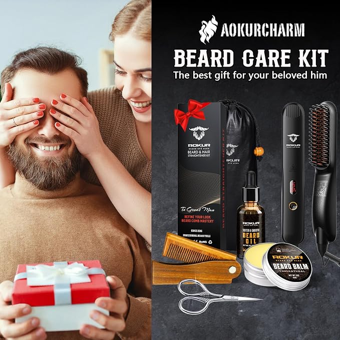 Beard Straightener for Men – 5-Temp Heated Brush with Anti-Scald Tech – Grooming Kit with Sandalwood Comb, Balm, Oil & Scissors – Gifts for Father’s Day, Anniversary & Birthdays