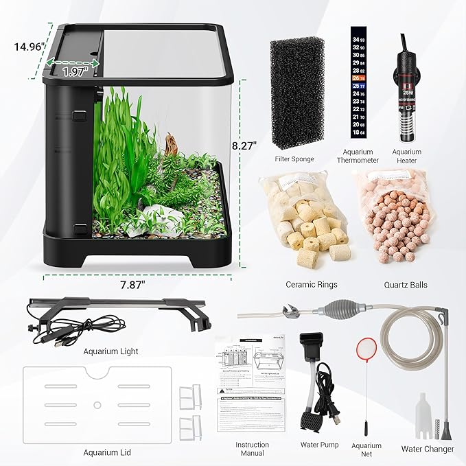 3.5 Gallon Betta Fish Tank, All in One Aquarium Starter Kits with Back Filter, Adjustable Pump, 25W Heater, Thermometer Strip, LED Light with Timer & Water Changer Kit, Nano Fish Tank, AIO Aquarium