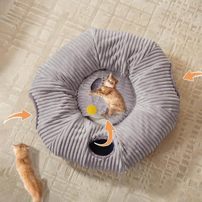 Cat Tunnel Bed for Indoor Cats,Cat Donut Tunnel Toy with Washable Circle Cushion,Blackout Tent, Multifunctional Playground Toys Hideplace for Kitty, Puppy, Rabbit,Ferret