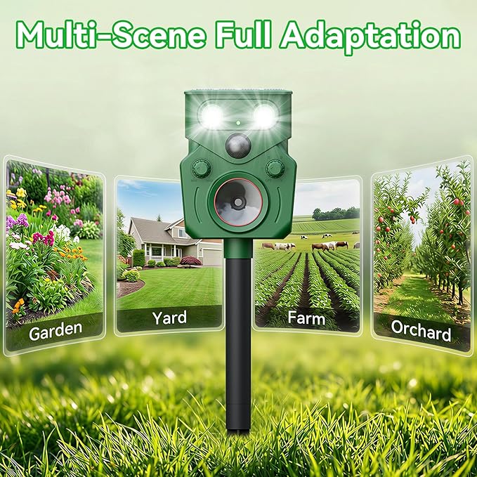 Ultrasonic Animal Repeller Solar Powered Squirrel Repeller Motion Sensor Deer Deterrent Rabbit Cat Dog Control Device with 5 Modes and Flashing Lights Outdoor Yard Lawn Orchard Garden