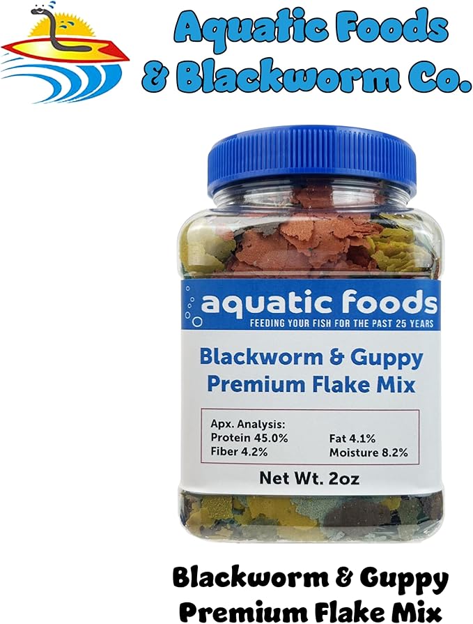 45% Blackworm & Guppy Premium Flakes for Guppies and All Community Tropical Fish. Aquatic Foods Flakes …2oz Small Jar