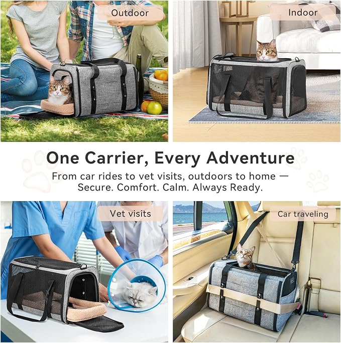 PETSFIT Cat Carrier Soft with Patented Safety Buckles,Safe for Car Travel | Lockable Zippers, Safety Tether, Escape-Resistant Pet Carrier for Vet Visits, Airline Approved Under-Seat, Up to 12 lbs