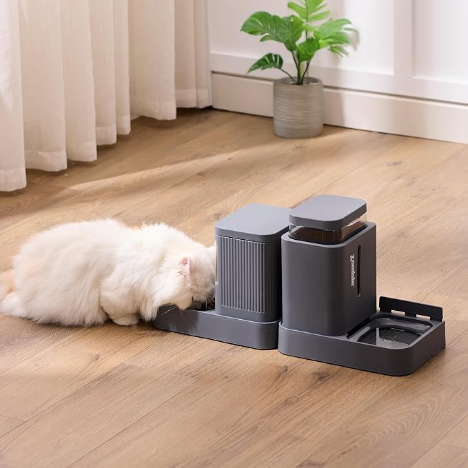 ZOMISIA Gravity Cat Feeder and Water Dispenser, 2 in 1 Automatic Cat Feeder with 180 Degree Rotatable, 2 Pack Large Capacity Self Feeding for Small Medium Dog Puppy Kitten, Grey, 0.8 Gallon x 2