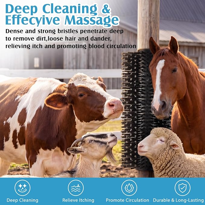 3 Pack Livestock Scratching Brush, Black | Animal Scratcher, Itch Relief Grooming, Horse Goat Cow Scratcher, Fence Post Mounting, Durable Bristles, Farm Livestock Care