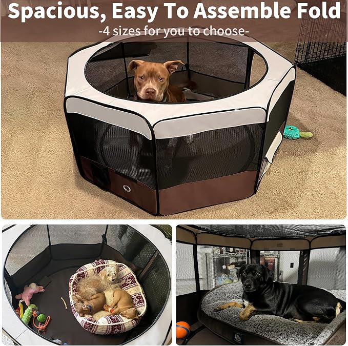 Dog Playpen Portable Pet Play Pens for Small Dog/Cat/Rabbit/Chicks, Cat Playpen Indoor/Outdoor with Carring Case, Removable Zipper Top and Bottom (Brown, Medium (35"x35"x20"), 8)
