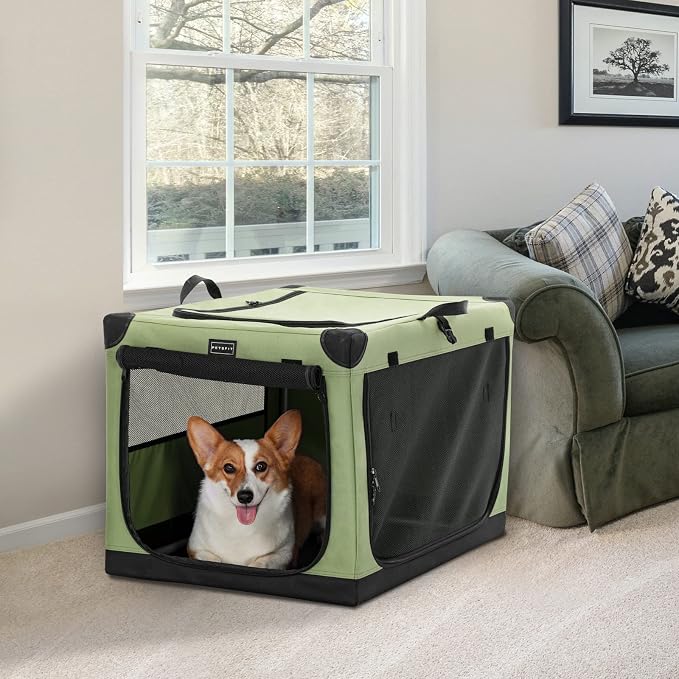 PETSFIT 30" Soft Portable Dog Crate – Patented Spiral Sturdy Frame, Collapsible Travel Kennel for Medium Dogs, 3 Mesh Door, Lockable Zippers, Indoor & Car Use Green