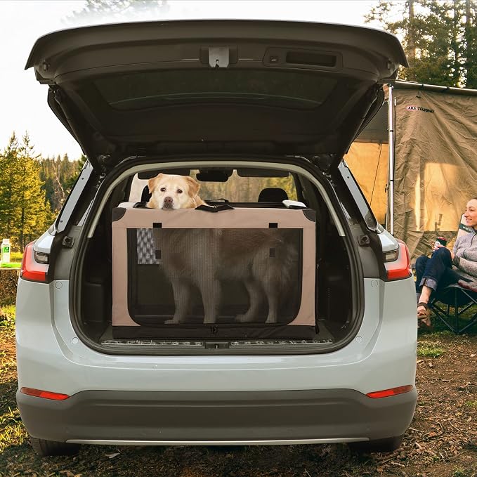 PETSFIT 36" Soft Portable Dog Crate – Patented Spiral Sturdy Frame, Collapsible Travel Kennel for Medium & Large Dogs, 3 Mesh Door, Lockable Zippers, Indoor & Car Use Khaki