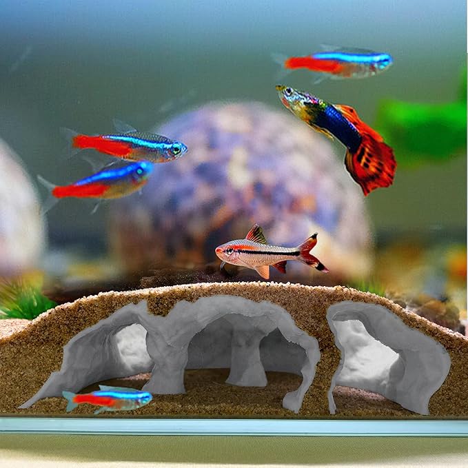 LIYAOLI Aquarium Cave Tunnel Hideout - 3D Printed Fish Tank Cave Decor for Pleco,Friendly Sinking Base Shrimp/Betta Fish Hideout for Aquarium with Viewing Ports (M - Grey)