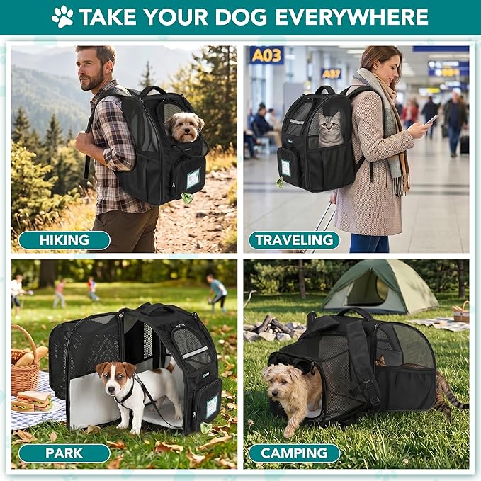 PetAmi Expandable Dog Backpack Carrier for Cats & Pets, Breathable Cat Carrier Backpack with Top Window & Multi-Entry, Ventilated Foldable Travel Carrier for Small Medium Pets up to 18 lbs, Black