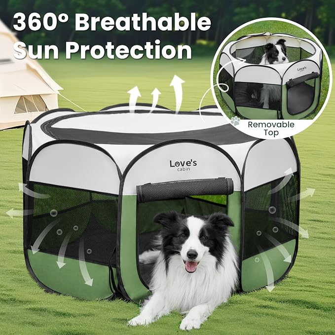 Love's cabin Pet Puppy Dog Playpen, Large Dog Tent Crates Cage Indoor/Outdoor, Portable Playpen for Cat, Foldable Pop Up Dog Kennel Playpen with Carring Case, Removable Zipper Top, Olive Green