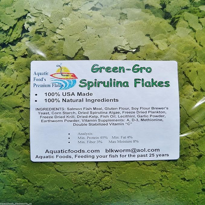 Aquatic Foods Inc. Flakes, Premium Spirulina Green-GRO Flakes for Guppies, Tetras, Live Bearers Great for All Community Tropicals. Premium Green GRO AF Flakes - 1/2-lb