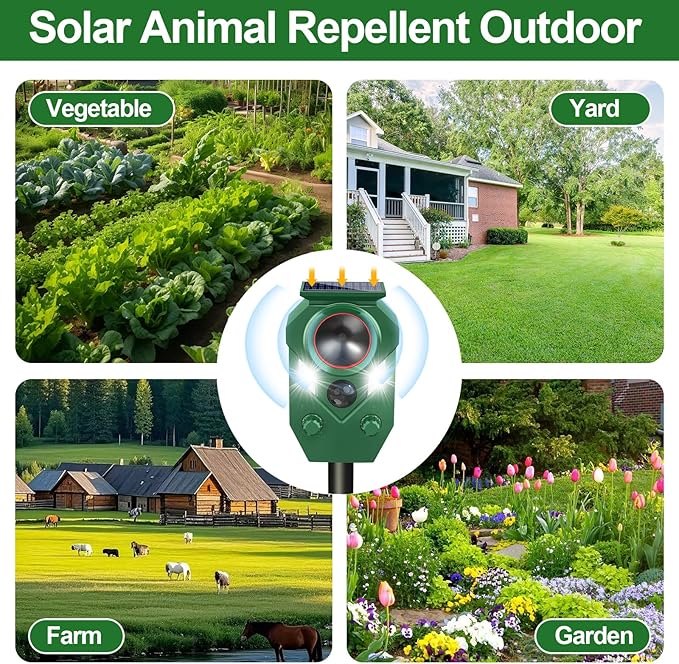 Ultrasonic Animal Repeller Outdoor - Cat Repellent & Deterrent with PIR Sensor & Flashing Light,Solar Powered Deer Repellent for Squirrels, Raccoons, Skunks,Rabbits,and Dogs, IP65 Waterproof (4 Pack)