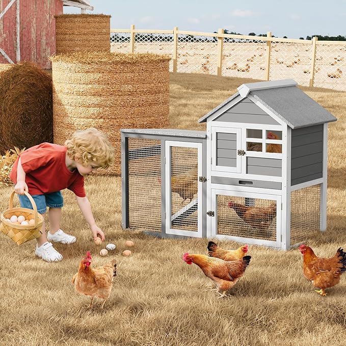2-Story Rabbit Hutch, Small Wooden Chicken Coop, with Waterproof Roof, Pull Out Tray and Anti-Slip Ramp, Bunny Cage for Indoor Outdoor (45.28" L x 20.08" W x 36.61" H)