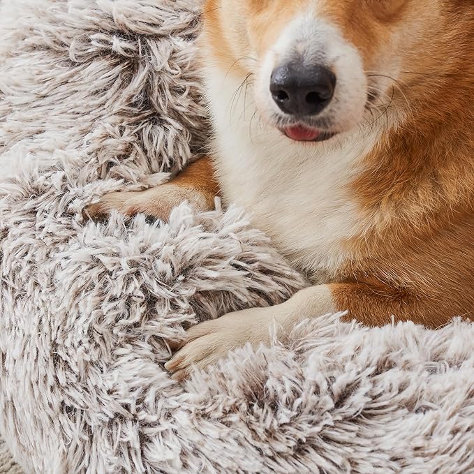 Western Home Calming Donut Medium Dog Bed Washable Pet Bed,30" White Khaki | Fluffy Faux Fur Round Cuddler,Anti-Anxiety,Anti-Slip Bottom,Plush Pet Dog Beds for Medium Sized Dogs,Up to 45 LBS