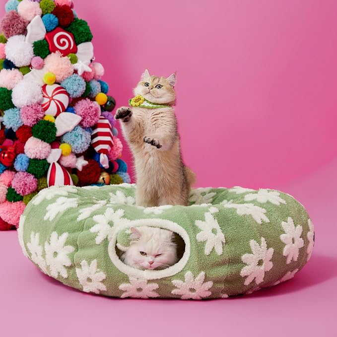 Lesure Donut Cute Jacquard Cat Tunnel Bed Kitten Toys for Puppy Bunny | 33.5x33.5x10in,Round Cat Bed Tube for Indoor Cats Rabbit Dog,Pet Peekaboo Cave Toy,Spiral Hideaway,Washable Cushion,Green