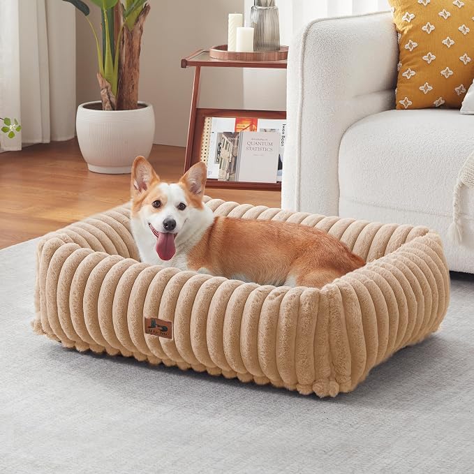 Dog Bed Medium Size Dog, Rectangle Orthopedic Pet Bed for Car and Indoor, Comfort Fluffy Memory Foam Dog Beds with Anti-Slip Bottom, Camel(30x24x8inchs)