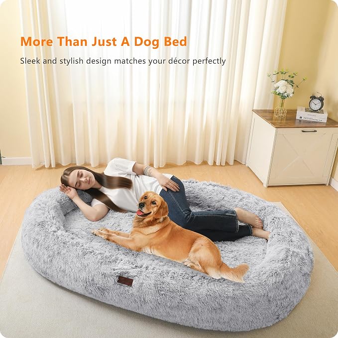 Human Dog Bed for Adult, Orthopedic Gel Memory Foam, 71"x47"x9" | Human Dog Bed Fits Adult & Pets, Reversible Egg-Crate Foam Cushion, Washable Pet Bed with Blanket, Ombre Grey