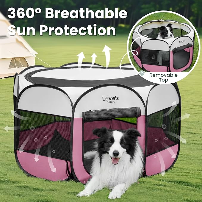 Love's cabin Pet Puppy Dog Playpen, Small Dog Tent Crates Cage Indoor/Outdoor, Portable Playpen for Cat, Foldable Pop Up Dog Kennel Playpen with Carring Case, Removable Zipper Top, Light Pink