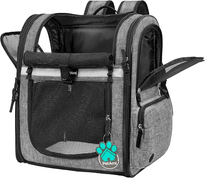 PetAmi Dog Backpack Carrier for Cats, 4-Way Entry Ventilated, 18 lbs, Gray | Sherpa Bed Included, Foldable Load-In Top, Safety Reflective Strap, Breathable Mesh, Poop Bag Dispenser, Padded Back Support