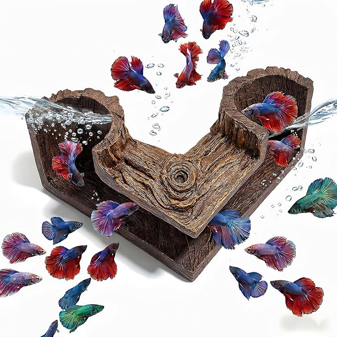 Aquarium Cave - Natural Resin Wood-Like Fish Tank Decorations & Accessories, 5.1" x 2" x 2.7" Safe Betta Hide & Tunnel for Guppy, Neon Tetra, Corydoras Catfish - Stackable Corner Ornament