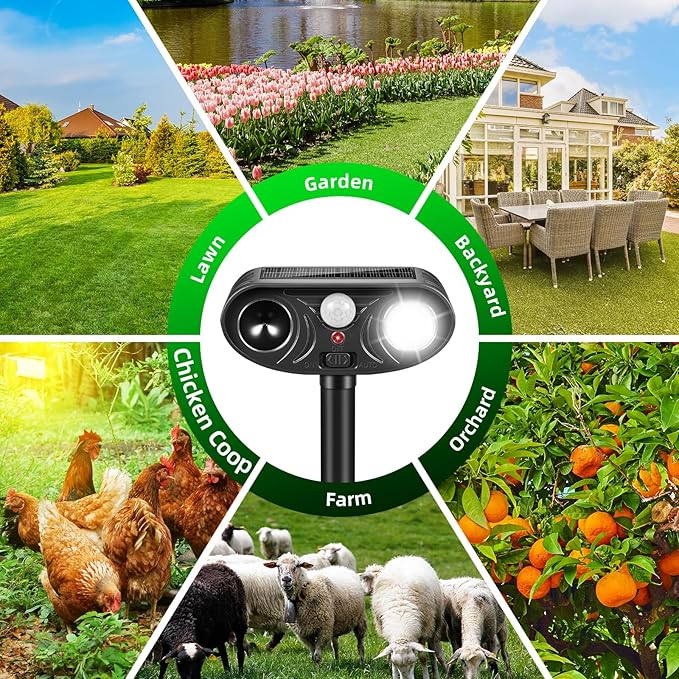 4 Pack Ultrasonic Solar Animal Repellent Outdoor,Sonic Fortress Pro Deer Repellent with Strobe Light, Waterproof Squirrel Cat Repellent Outdoor Rabbit Bird Raccoon Deterrent for Yard Garden Farm