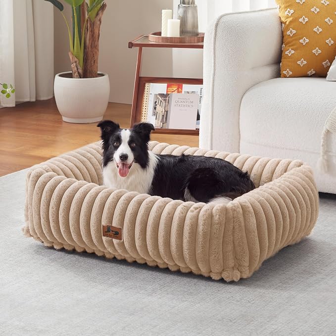 Dog Beds Large Sized Dog,Rectangle Orthopedic Pet Bed for Large Dog, Comfort Fluffy Memory Foam Dog Beds with Anti-Slip Bottom,Camel(35x25x9inchs)