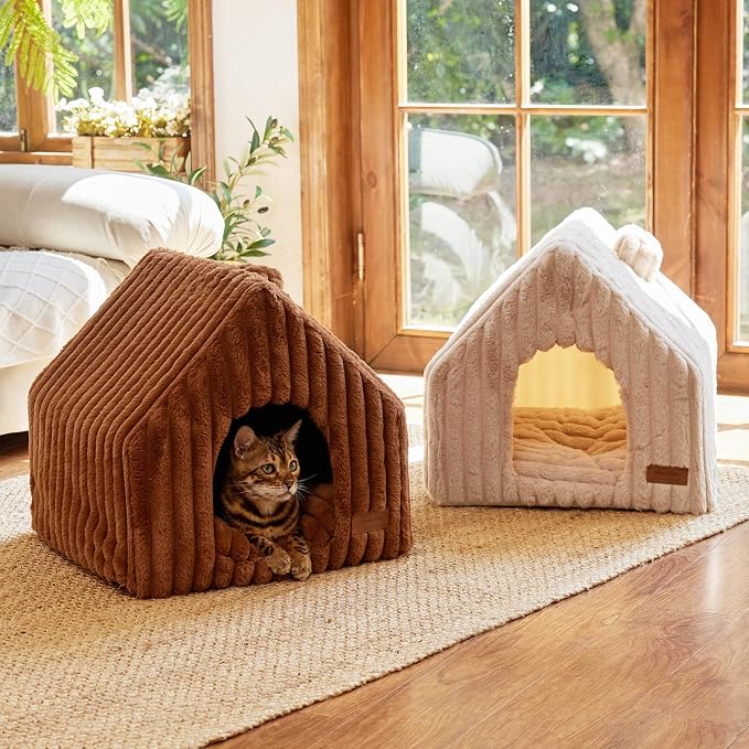FUKUMARU Cat Bed Cave, Enclosed Washable Covered Dog Bed with Support Frame | Large Cat House for Indoor Cats, Cozy Cat Hideaway for Anxious Cats, Soft Plush Faux Fur Cat Tent Bed, Non-Slip Bottom