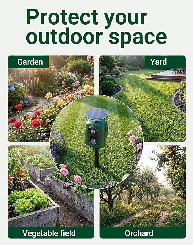 2 Pack 360° Solar Animal Repeller with Motion Sensor, Ultrasonic Deer Repellent Devices Cat Repellent Outdoor, Waterproof Dog Deterrent for Yard, Repel Raccoon Skunk Out of Garden - USB Rechargeable