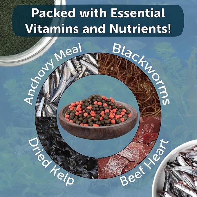 Aquatic Foods Inc. 3mm -1/18" California Blackworm & Beef Heart Floating Pellets for Marines, Cichlids, Tropical Fish, Koi & Pond Fish, 4-Type Wafer & 12-Type Pellet Mix Included 14oz Canister