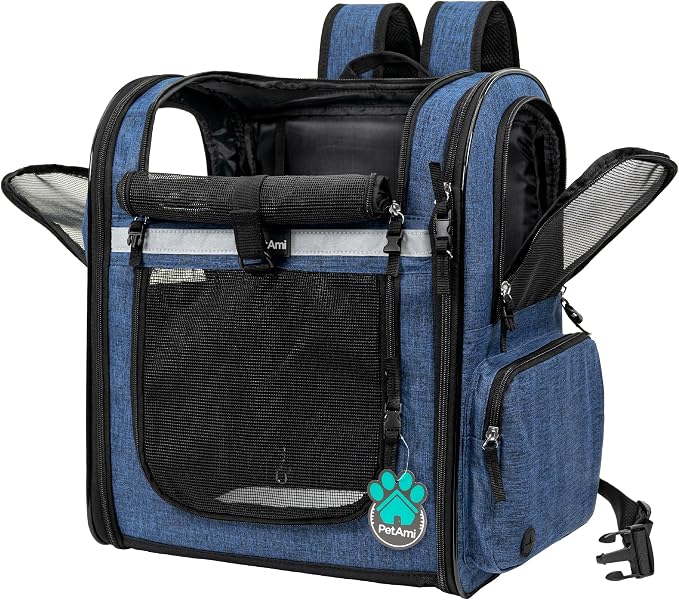 PetAmi Dog Backpack Carrier for Cats, 4-Way Entry Ventilated, 18 lbs, Blue | Sherpa Bed Included, Foldable Load-In Top, Safety Reflective Strap, Breathable Mesh, Poop Bag Dispenser, Padded Back Support