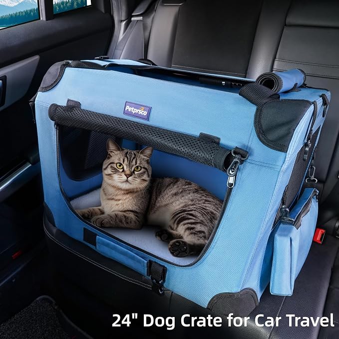 Petprsco Portable Collapsible Dog Crate, 24" Soft Dog Crate for Car Travel | Includes Mat, Blanket & Bowl, Strong Fabric, 4-sided Mesh Vents, 3 Doors, Fit Small Dogs & Large Cats Indoor and Outdoor Use