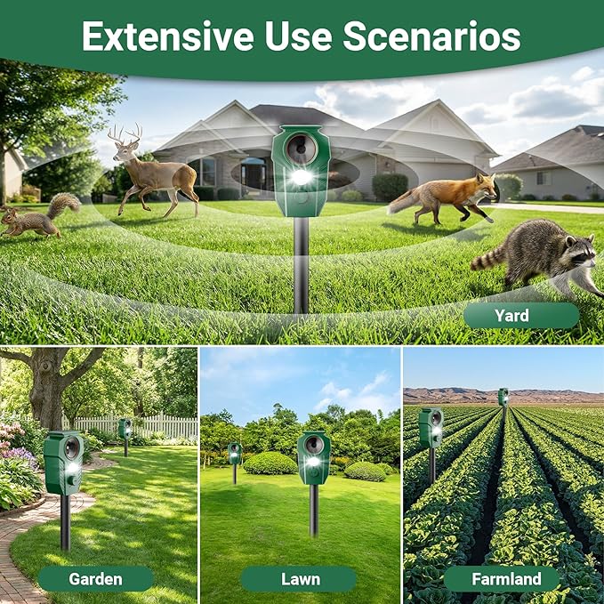 Solar Ultrasonic Animal Repellent with Motion Sensor & LED Lights – Waterproof Outdoor Deer Repellent Device for Yard, Garden & Lawn – Effective Against Cats, Coyotes, Raccoons & Dogs
