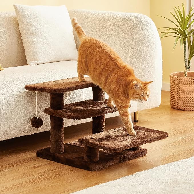 15''H Multi-Step Pet Stairs for High Beds & Sofas, 3-Step Cat Stairs with 2 Toy Balls, Wide Boards for Indoor Kittens Dogs Pets Climbing, Brown