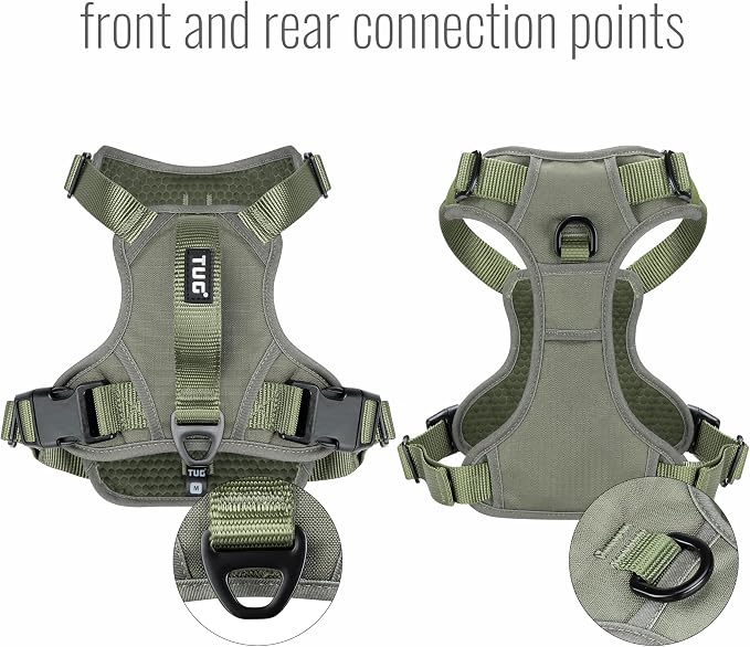 TUG No-Pull Dog Harness, 2 Leash Clips + Padded Handle (Large, Green) | Water-Resistant Padded Interior | No-Pull Front Clip | Padded Back Handle | Adjustable Straps