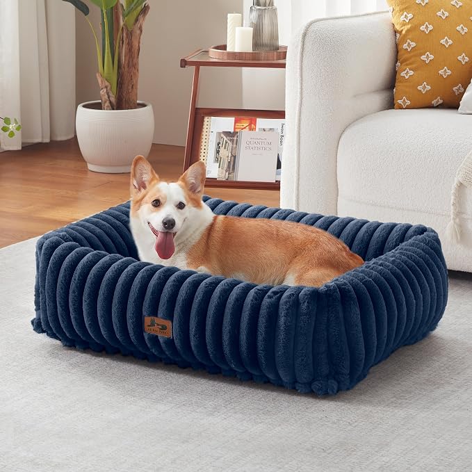 Dog Bed Medium Size Dog, Rectangle Orthopedic Pet Bed for Car and Indoor, Comfort Fluffy Memory Foam Dog Beds with Anti-Slip Bottom,30 x24 x9 Inches,Navy