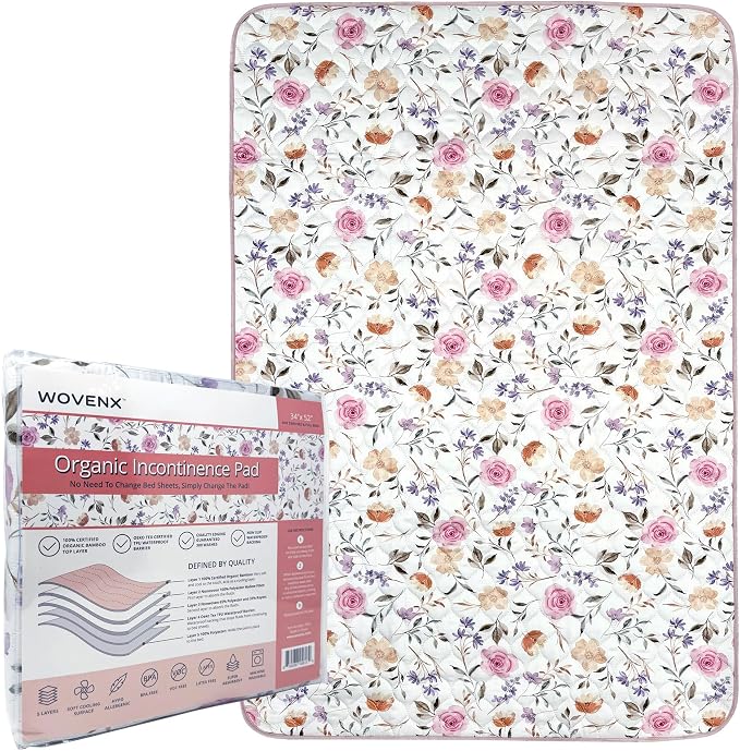 Organic Incontinence Pads for Kids & Toddlers - 5 Layer Waterproof Protectors for Overnight Bed Wetting - Reusable & Washable Pee Pads - Fits Twin to Full Size Beds - 34" x 52" Flower