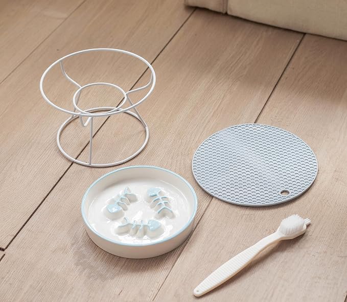 Ceramic Fish-Bone Slow Food Bowl for Cats and Dogs, Dishwasher Safe, Non-Toxic, Engaging Design, Prevents Obesity | Ceramic Bowl Elevated Anti Vomit Whisker-Friendly Wet & Dry Food