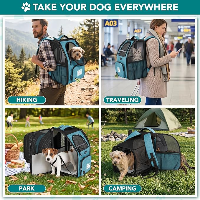 PetAmi Expandable Dog Backpack Carrier for Cats & Pets, Breathable Cat Carrier Backpack with Top Window & Multi-Entry, Ventilated Foldable Travel Carrier for Small Medium Pets up to 18 lbs, Teal Blue