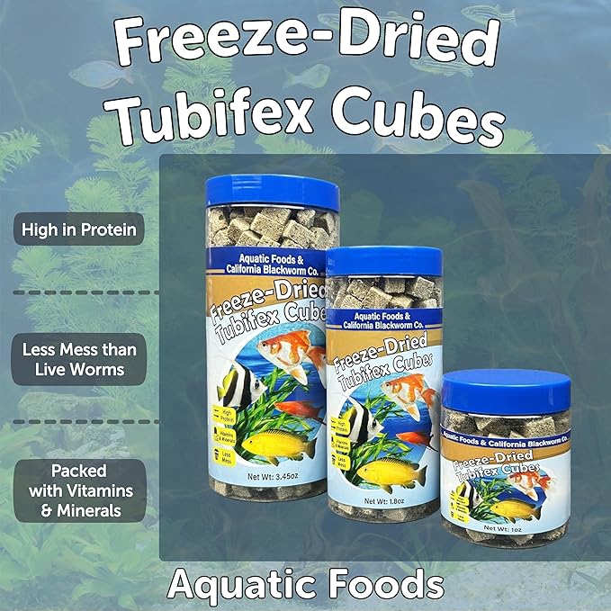 Aquatic Foods Inc. Tubifex Worms, Freeze Dried Tubifex Worm Cubes for Cichlids, Discus, Bettas, Marine Fish, Goldfish, Tropical Fish, 4-Type Wafer Mix & 12-Type Pellet Mix Included...3.45oz Canister