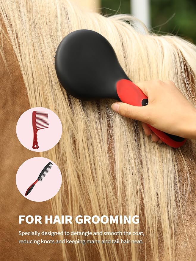 Harrison Howard Horse Grooming Kit 9 Piece with Tote Bag, Non-Slip Horse Brush Set for Shedding, Bathing, Hoof Care, Mane & Tail Grooming, Equine Grooming Supplies Red