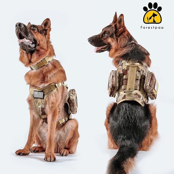 Forestpaw Tactical Dog Harness Tactical Dog Collar with Bungee Leash Set,No Pull Military Dog Harness for Walking Training,Adjustable for Medium Large Dogs,Camouflage Brown,Chest 27-40"