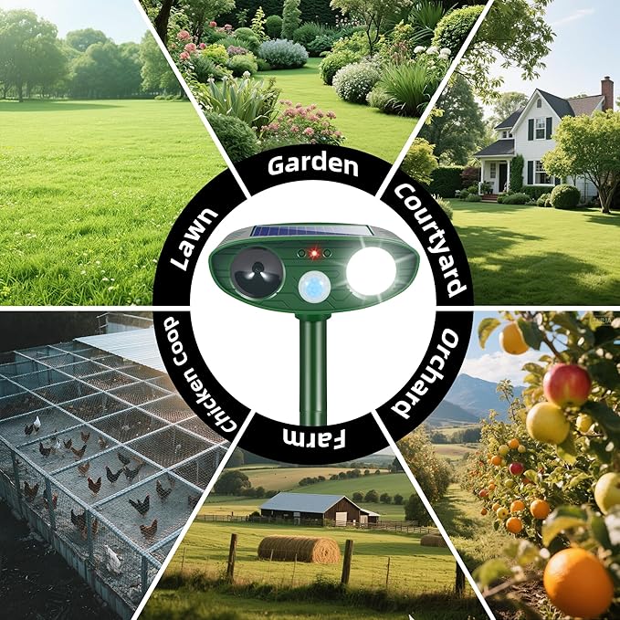 4 Pack Solar Ultrasonic Animal Repellent Animal Deterrent Devices Outdoor IP65 Waterpfoof with Motion Sensor & Strobe Light- Keep Deer,Cats,Squirrels,Dogs,Raccoons,Rabbits,Skunks Away from Garden Yard