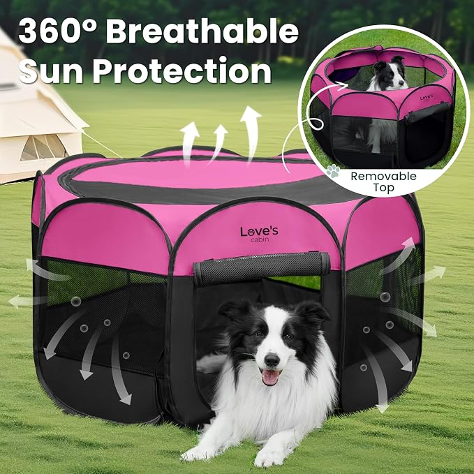 Love's cabin Pet Puppy Dog Playpen, Small Dog Tent Crates Cage Indoor/Outdoor, Portable Playpen for Cat, Foldable Pop Up Dog Kennel Playpen with Carring Case, Removable Zipper Top, Pink